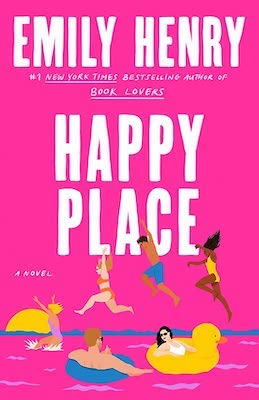 Cover of A Happy Place by Emily Henry. Men and women in bathing suits jump into water.